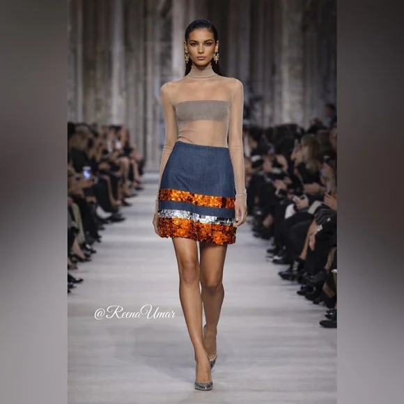 Miu Miu Sequin Embroidered Denim Skirt – Blue / Orange / Silver – Size 42 – NWT - Picture 1 of 10